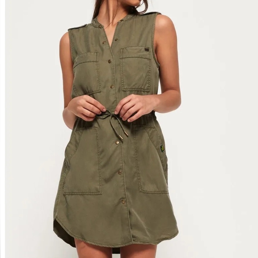 Superdry “Anya” Shirt Dress Khaki Green Pockets Snap Close Tie Waist Sz M NWT